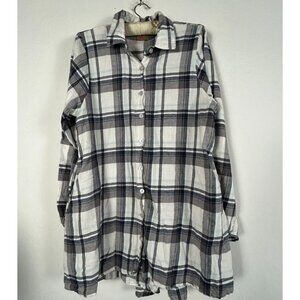 Tulip Womens Longline Plaid Tunic Large Lagenlook Oversized Cotton Flannel Gray